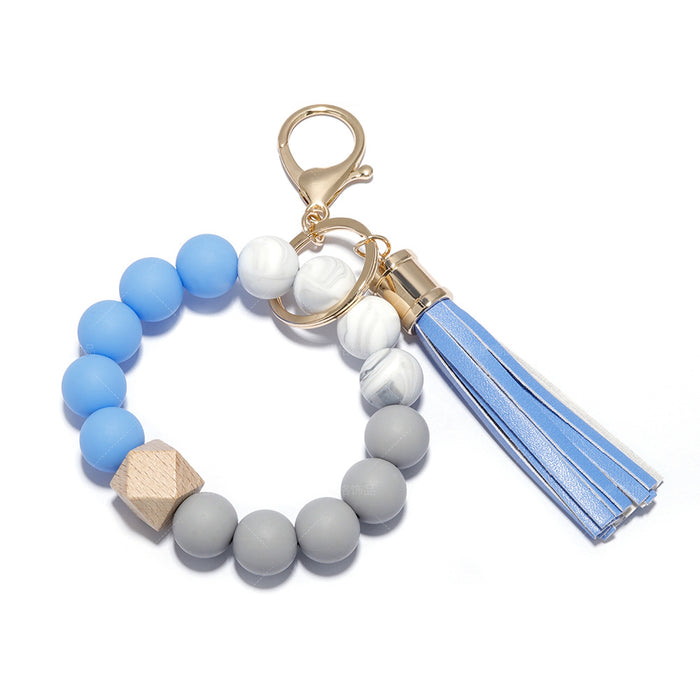 Wholesale Silicone Beaded PU Leather Tassel Wristlet Keychain JDC-KC-ZiGe001