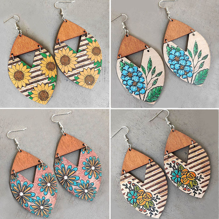 Wholesale Earrings Wooden Boho Sunflower Stripes Big Flower Earrings 2pcs JDC-ES-Heyi032