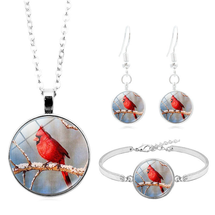 Wholesale Necklaces Alloy Glass Piece Cardinal Bird Jewelry Set MOQ≥2 JDC-NE-HengX008