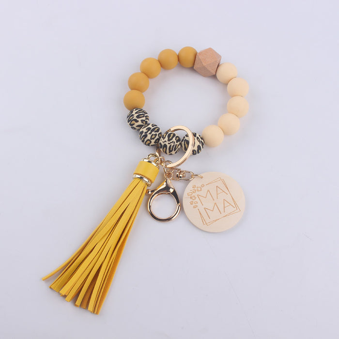 Wholesale MAMA Leopard Print Silicone Beaded Wrist Keychain JDC-KC-GuangTian002