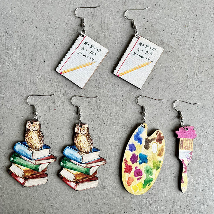 Wholesale Earrings Wooden Teacher's Day Gift Book Brush Printing 3pcs JDC-ES-Heyi031