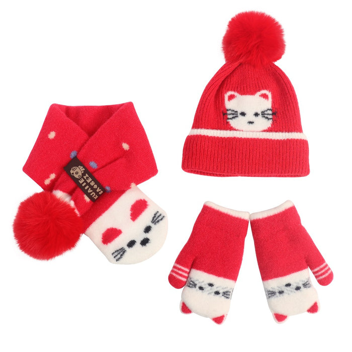 Wholesale Gloves Acrylic Kids Cartoon Plus Fleece Knit Hat Scarf 3 Piece Set MOQ≥2 JDC-GS-JunC002