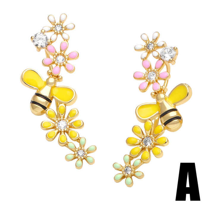 Wholesale Earrings Copper Plated 18K Gold Zircon Enamel Bee Flower Ear Clips JDC-PREMAS-ES-019