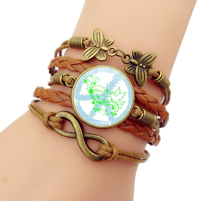 Wholesale Peace Sign Butterfly Leather Glass Bracelet JDC-BT-Jiayun003