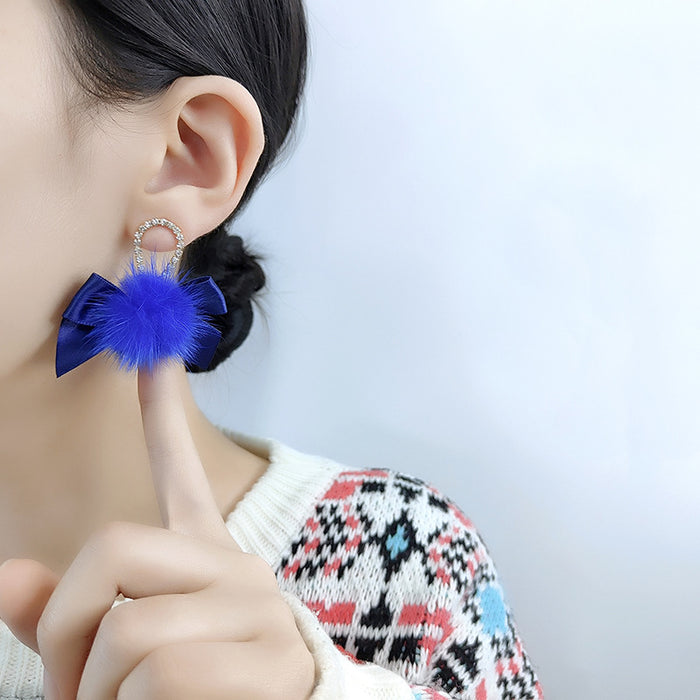 Wholesale Earrings Alloy Blue Plush Bow MOQ≥2 JDC-ES-Xinai005