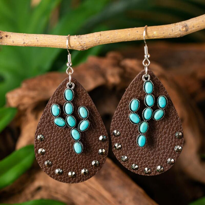 Wholesale Earrings Alloy Leather Turquoise Feather Earrings JDC-ES-Saip063