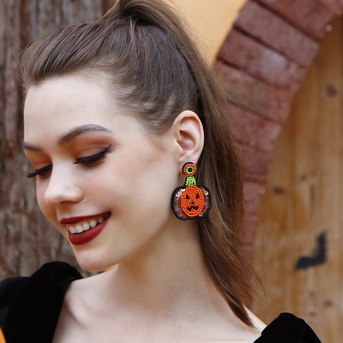 Wholesale Earrings Halloween Rice Beads Handmade Sequins Pumpkin MOQ≥2 JDC-ES-PREMJM011