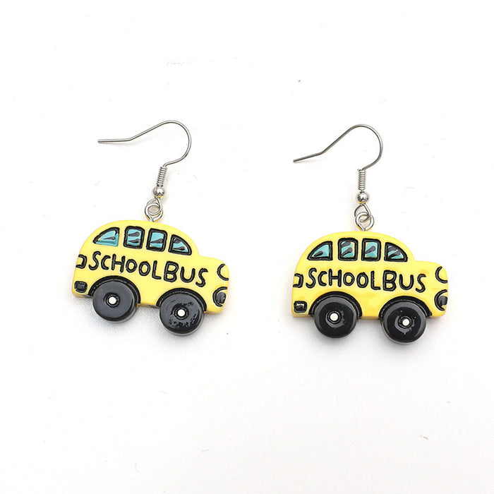 Wholesale Earrings Funny Cartoon School Bus Resin Earrings MOQ≥2 JDC-ES-DYCh002