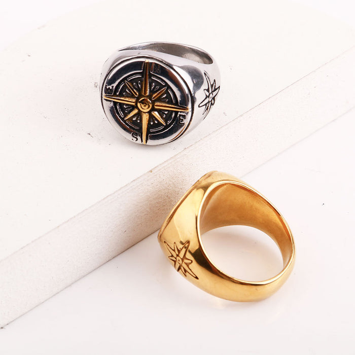 Wholesale Metal Round Compass Men's Titanium Steel Ring JDC-RS-HaiT004