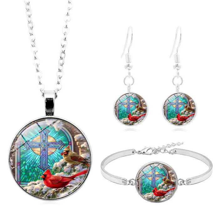 Wholesale Necklaces Alloy Glass Piece Cardinal Bird Jewelry Set MOQ≥2 JDC-NE-HengX008