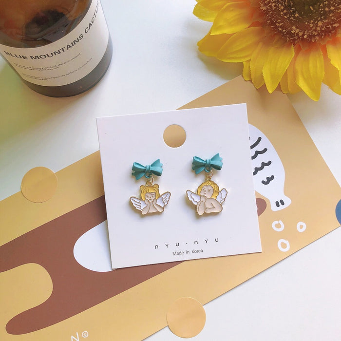 Wholesale Earrings Alloy Blue Bow Knot Asymmetric Angel JDC-ES-MoN010