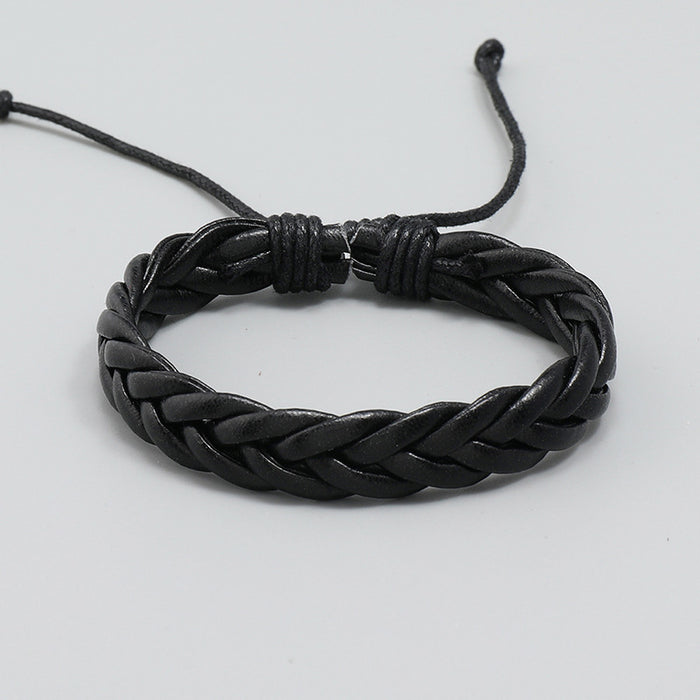 Wholesale Simple Hand Braided Black Three Strand Braided Leather Bracelet JDC-BT-PK023