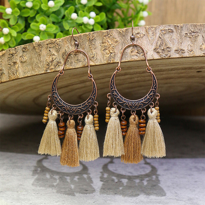 Wholesale Tassel Earrings Vintage Wood Beads Hand Woven Geometric Cutout JDC-ES-HH014