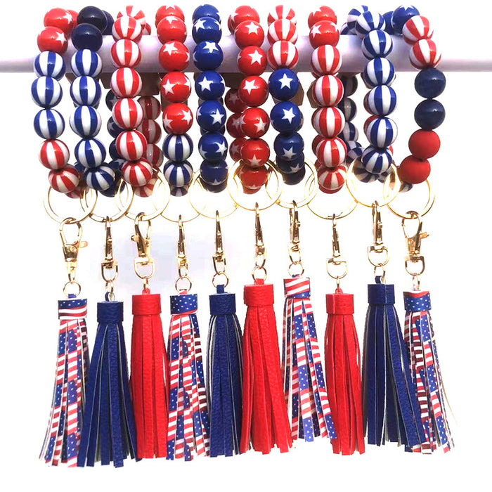 Jewelry WholesaleWholesale Wooden Beaded American Flag Beaded Tassel Wristlet Keychain MOQ≥2 JDC-KC-QXue002 Keychains 秋雪 %variant_option1% %variant_option2% %variant_option3%  Factory Price JoyasDeChina Joyas De China