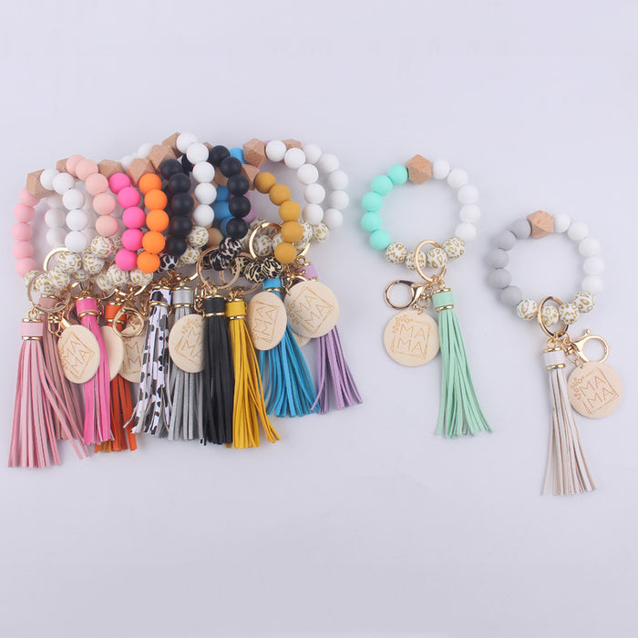 Wholesale MAMA Leopard Print Silicone Beaded Wrist Keychain JDC-KC-GuangTian002