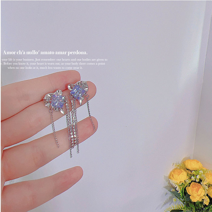 Wholesale Purple Square Zircon Crystal Chain Tassel Silver Needle Alloy Earrings JDC-ES-Qiant006