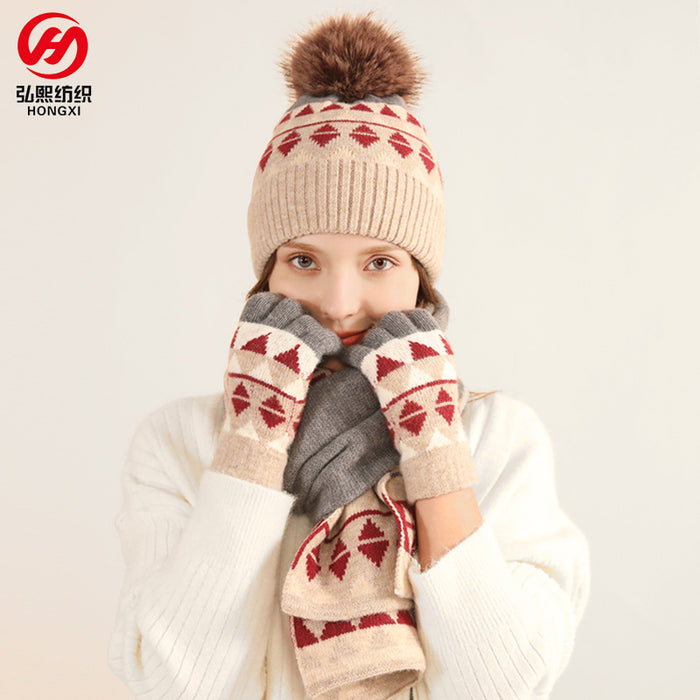 Wholesale Hat Acrylic Thermal Jacquard Knit Gloves Scarf 3pcs Set JDC-FH-HongX004