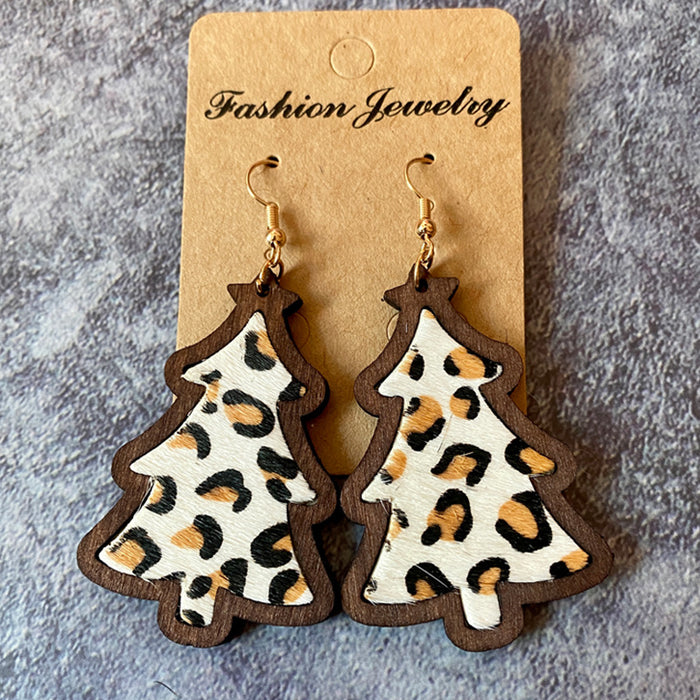 Wholesale Earrings Wooden Leopard Cow Pattern Leather Inlay MOQ≥2 JDC-ES-Qunyi023