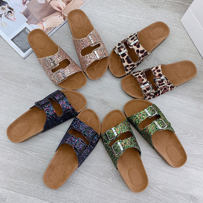 Wholesale Plus Size Cork Round Toe Trend Sequin Casual Flat Double Buckle Sandals JDC-SD-ChunC001