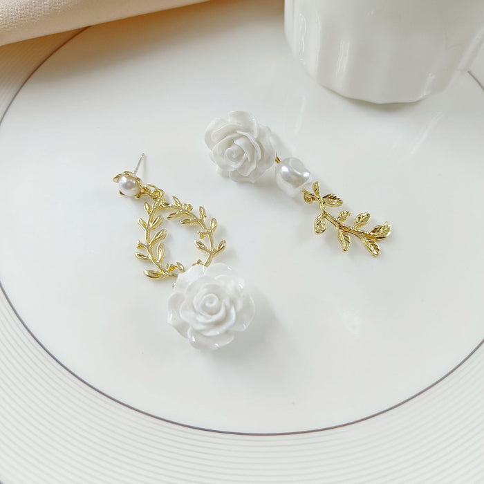 Wholesale S925 Silver Needle Asymmetric Pearl Rose Flower Earrings JDC-ES-HZQ010