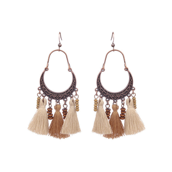 Wholesale Tassel Earrings Vintage Wood Beads Hand Woven Geometric Cutout JDC-ES-HH014