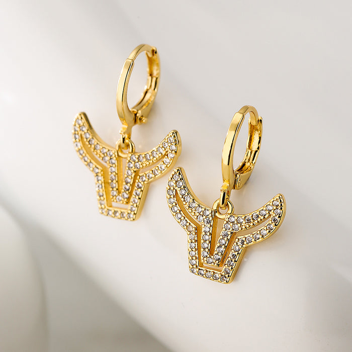 Wholesale Earrings Copper Real Gold Plated Micro Set Zircon Bull Head JDC-ES-PREMAG009