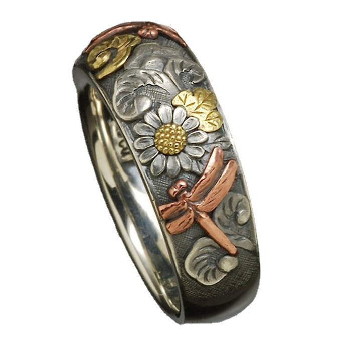 Wholesale Vintage Glyph Flower Dragonfly Sunflower Alloy Ring JDC-RS-LongR002