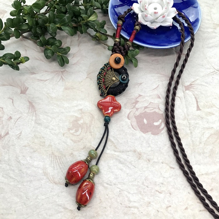 Wholesale Ceramic Cotton Rope Alloy Ethnic Wind Necklace JDC-NE-Luox002