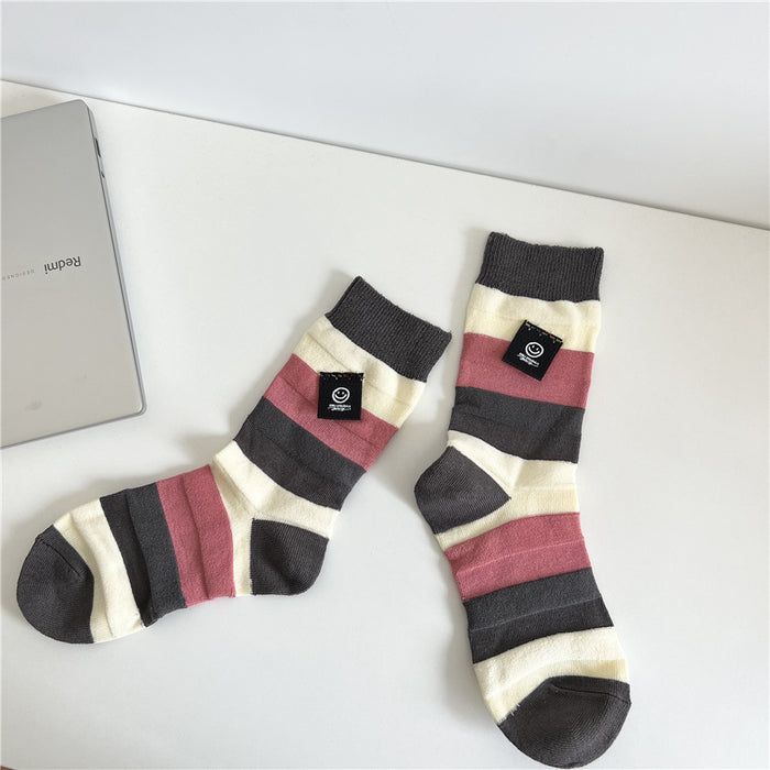 Wholesale Socks Cotton Horizontal Stripes Colorblock Smiley Labels JDC-SK-XuXu002