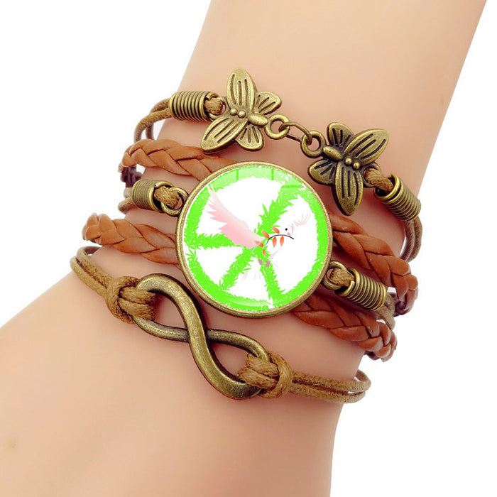 Wholesale Peace Sign Butterfly Leather Glass Bracelet JDC-BT-Jiayun003