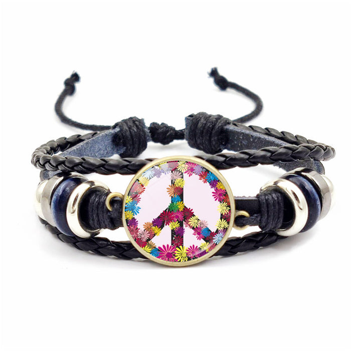 Wholesale Pansy Peace Sign Leather Glass Bracelet JDC-BT-Jiayun001