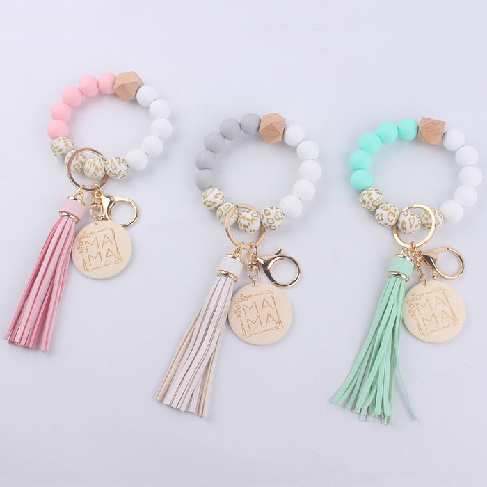 Wholesale MAMA Leopard Print Silicone Beaded Wrist Keychain JDC-KC-GuangTian002