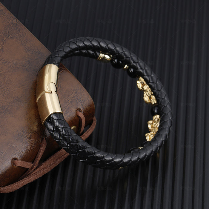 Wholesale Democratic Style Braided Leather Beaded Stainless Steel Mens Leather Bracelet JDC-BT-ZiGe007