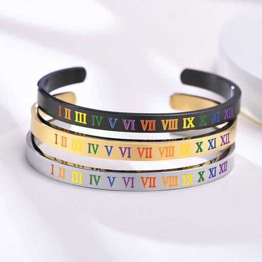 Jewelry WholesaleWholesale LGBT Stainless Steel Rainbow Roman Numeral Bracelet Steel Color Men's Open Metal JDC-BT-QuanS005 Bracelet 泉溪水 %variant_option1% %variant_option2% %variant_option3%  Factory Price JoyasDeChina Joyas De China