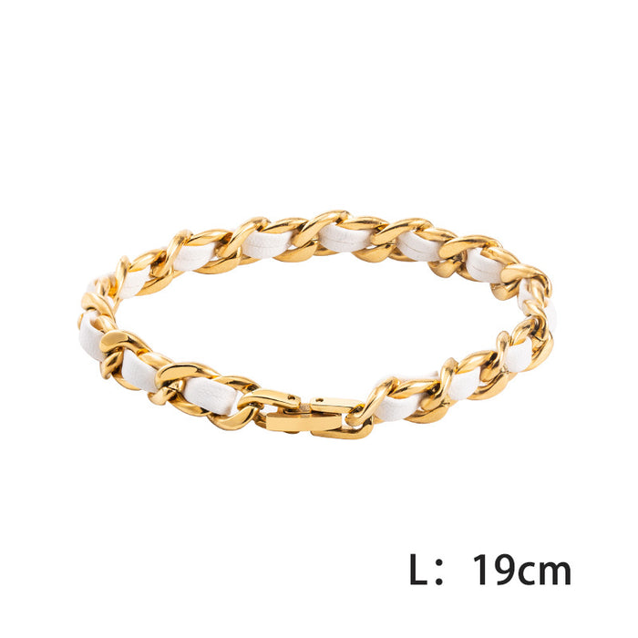 Wholesale Bracelet Titanium Steel White Leather Braided Gold Cuban Chain MOQ≥2 JDC-BT-XinYuan003