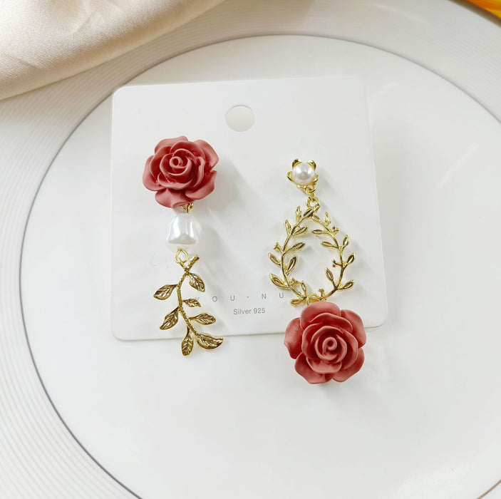 Wholesale S925 Silver Needle Asymmetric Pearl Rose Flower Earrings JDC-ES-HZQ010