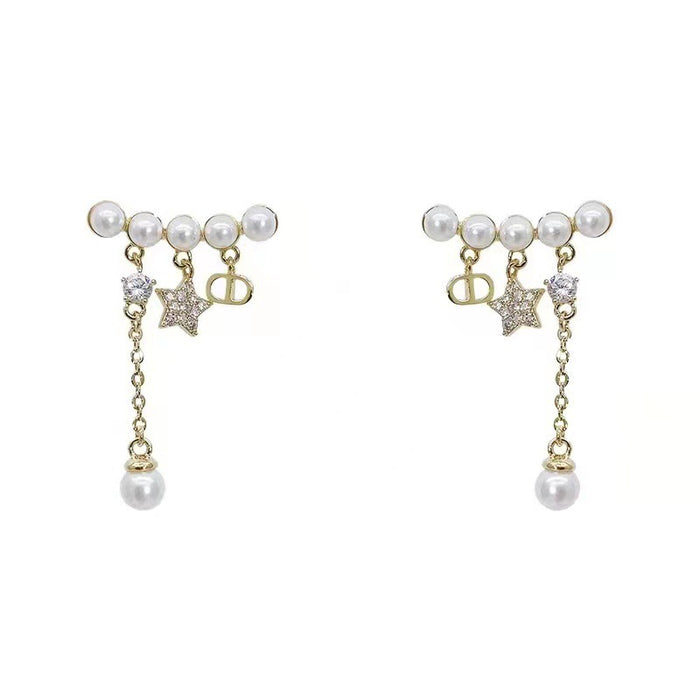 Wholesale Earrings Alloy Pearl Chain Tassel Stars MOQ≥2 JDC-ES-HaoBiao022