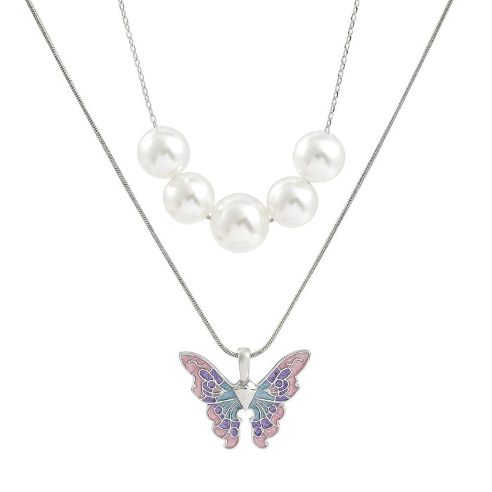 Wholesale Double Layer Butterfly Pearl Necklace Premium Enamel Pendant JDC-NE-kefeng002