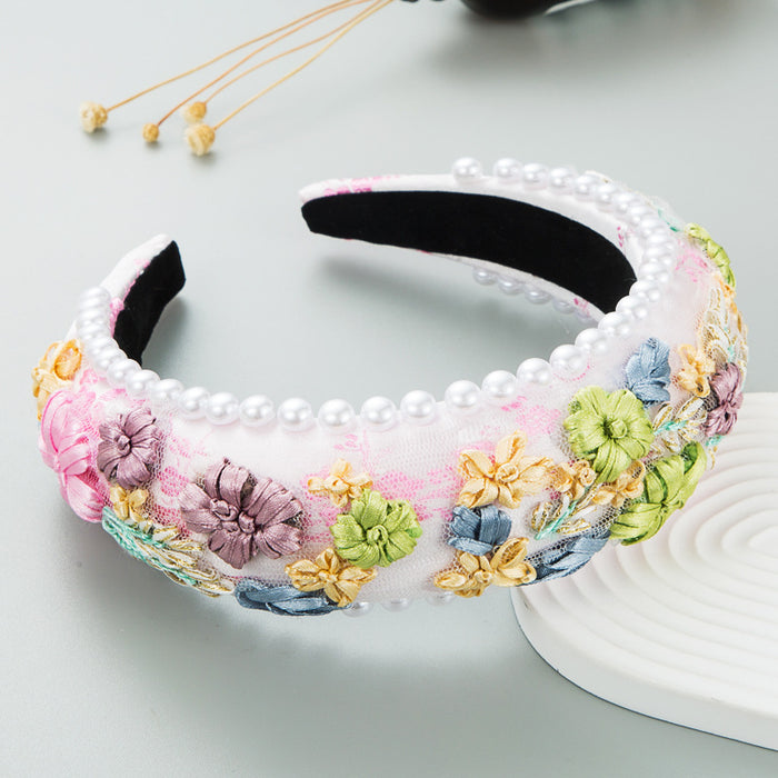 Wholesale Headband Fabric Sponge Pearl Braided Flowers MOQ≥2 JDC-HD-Hemin030