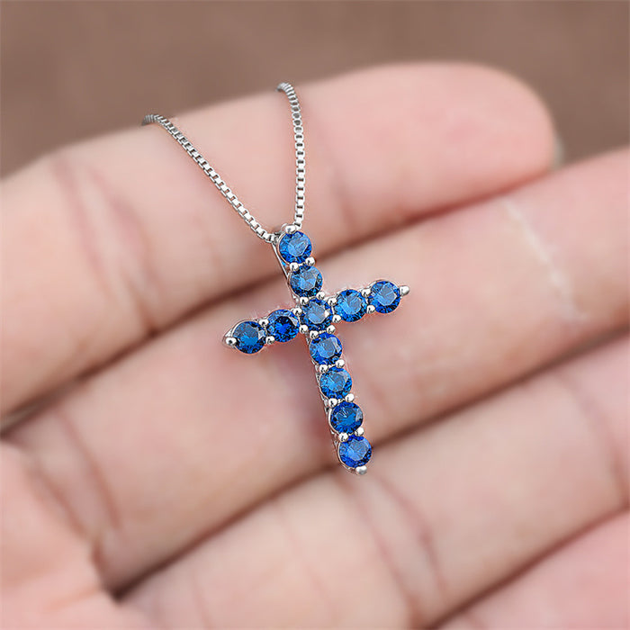 Wholesale Aqua Blue Birthstone Cross Pendant Necklace JDC-NE-ery002