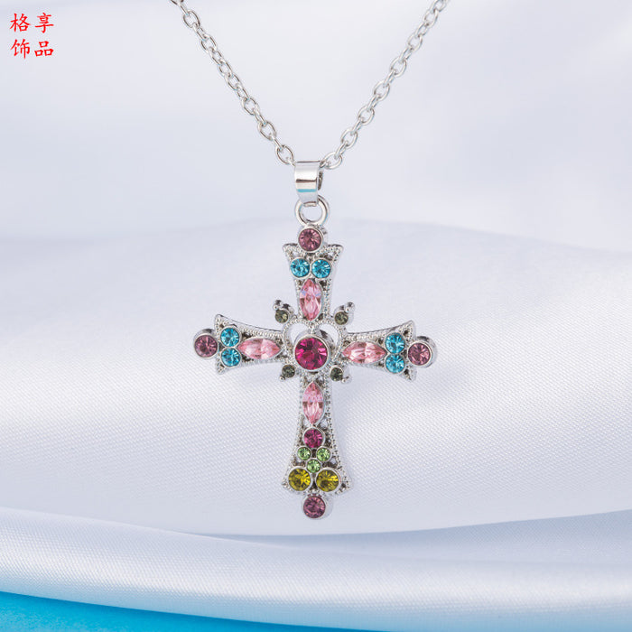 Wholesale Boho Style Crystal Diamond Color Cross Pendant Necklace MOQ≥2 JDC-NE-GEXA001