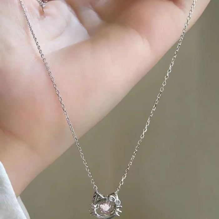 Wholesale necklace alloy pink diamond love girl cute cat head MOQ≥2 JDC-NE-GSLD003