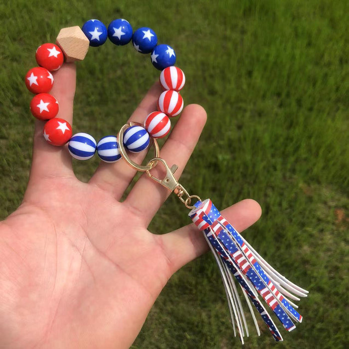 Wholesale Wooden Beaded American Flag Beaded Tassel Wristlet Keychain MOQ≥2 JDC-KC-QXue002