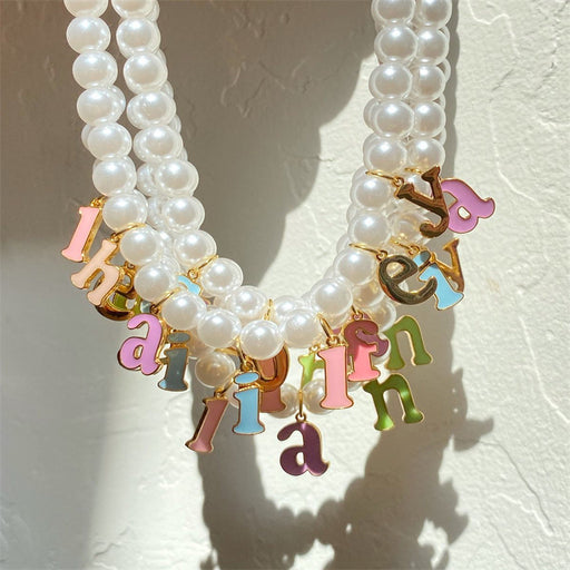 Jewelry WholesaleWholesale Candy Color Glass Pearl Letter Stainless Steel 18K Gold Plated Necklace JDC-NE-Jif057 Necklaces 集沣 %variant_option1% %variant_option2% %variant_option3%  Factory Price JoyasDeChina Joyas De China