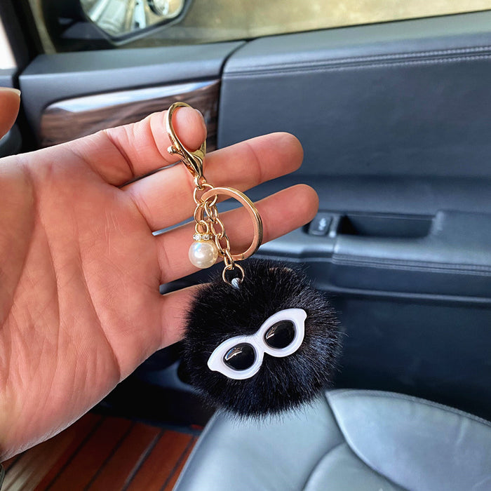 Wholesale Cute Plush Pearl Glasses Hairball Doll Keychain JDC-KC-KaiY004