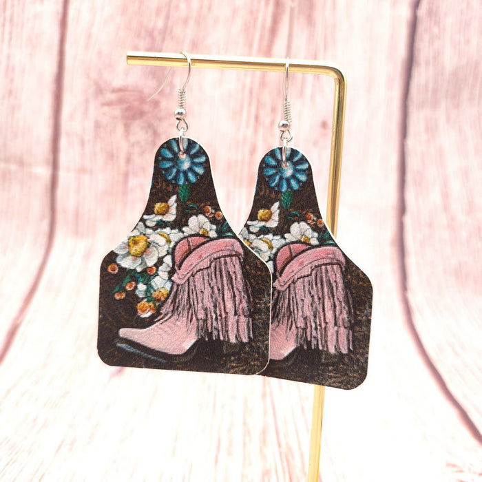 Wholesale Denim Fringe Boots Turquoise Flower Leather Earrings JDC-ES-KDL011