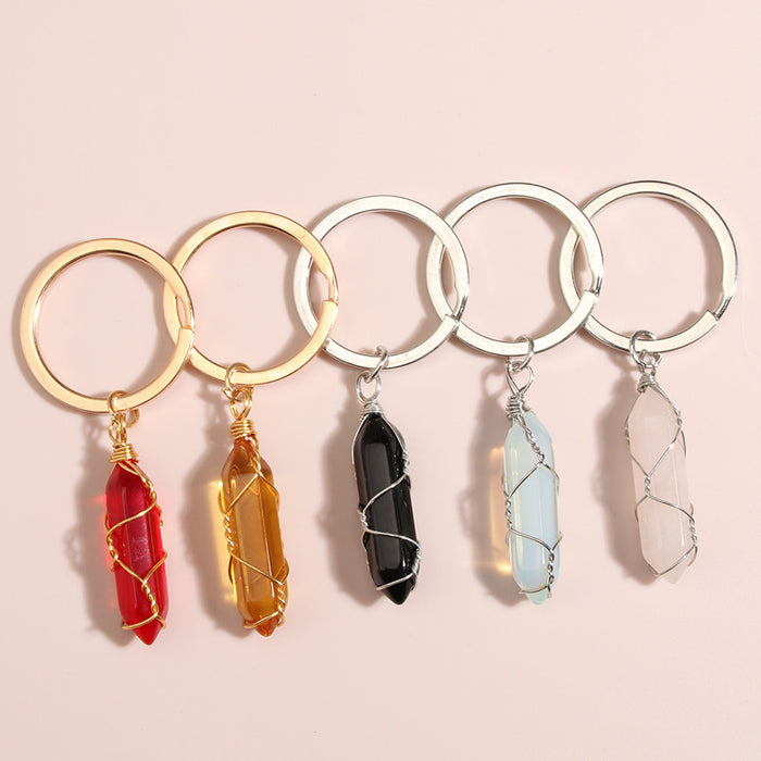 Wholesale10PCS/PACK Natural Crystal Stone Hexagon Pillar Binding Wire Crystal Keychain JDC-KC-XiangH007