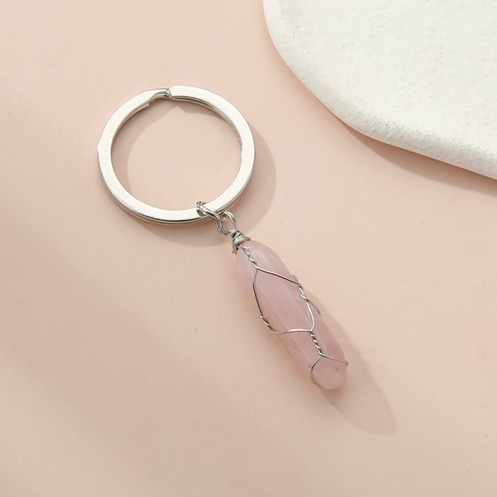 Wholesale10PCS/PACK Natural Crystal Stone Hexagon Pillar Binding Wire Crystal Keychain JDC-KC-XiangH007