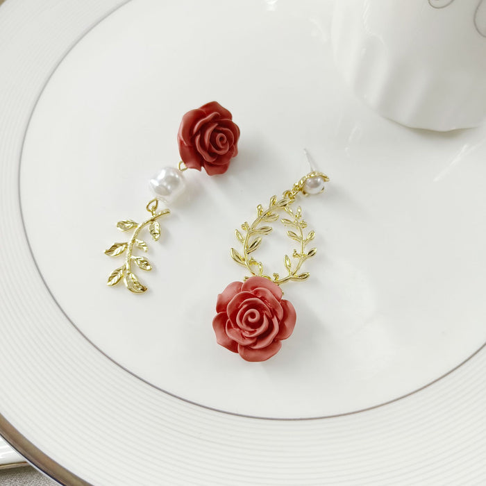 Wholesale S925 Silver Needle Asymmetric Pearl Rose Flower Earrings JDC-ES-HZQ010