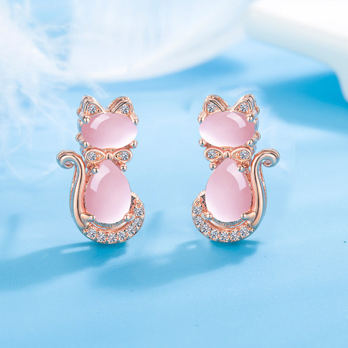 Wholesale Pink Crystal Cat Copper Earrings JDC-ES-Gaos002